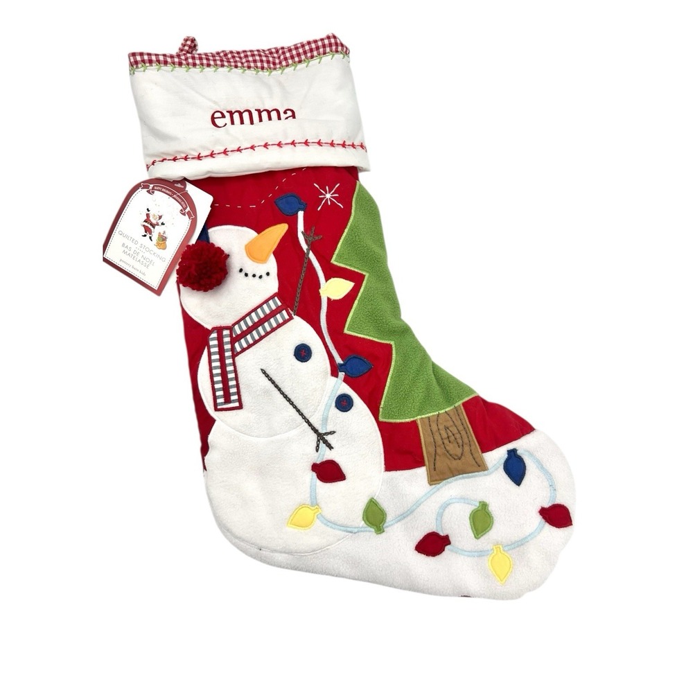 Pottery Barn Kids Red Quilted Snowman Christmas Stocking Personalized Emma NWT
